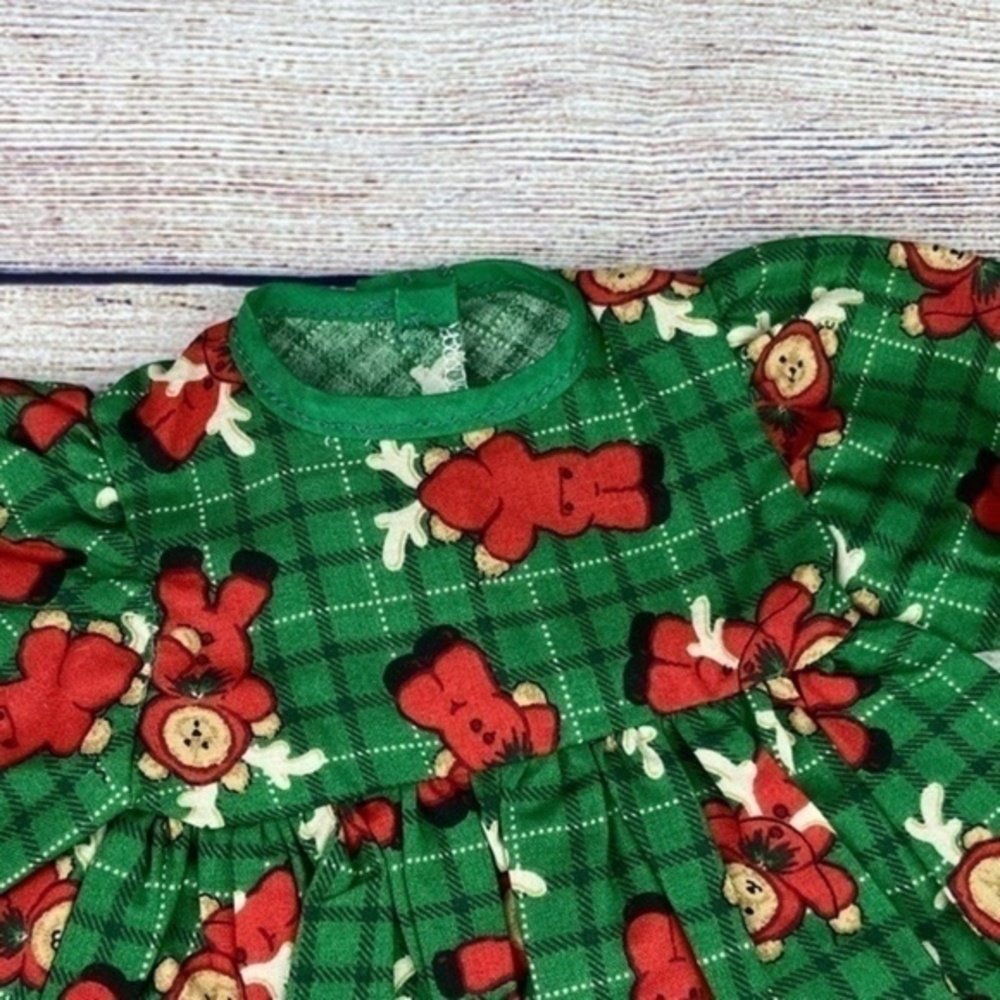 Handmade Vintage Doll Dress Green Red Teddy Bear Christmas Print Fabric - Picture 5 of 12